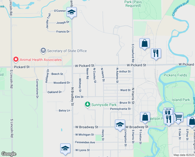 map of restaurants, bars, coffee shops, grocery stores, and more near 600-1098 North Cooley Street in Mount Pleasant