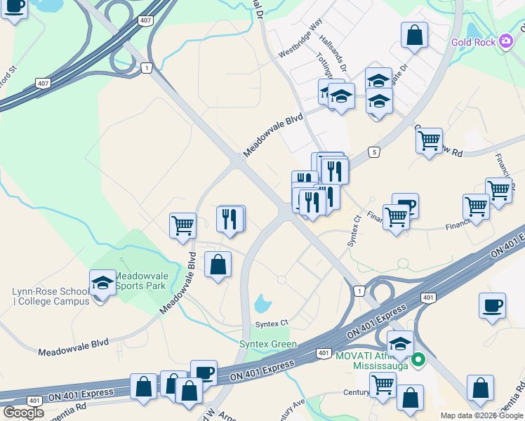 map of restaurants, bars, coffee shops, grocery stores, and more near 7150 Mississauga Road in Mississauga