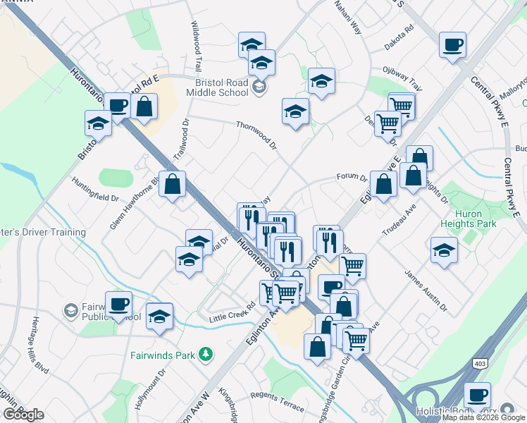 map of restaurants, bars, coffee shops, grocery stores, and more near 60 Nahani Way in Mississauga