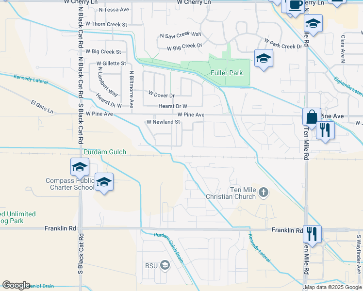 map of restaurants, bars, coffee shops, grocery stores, and more near 3855 West Newland Street in Meridian