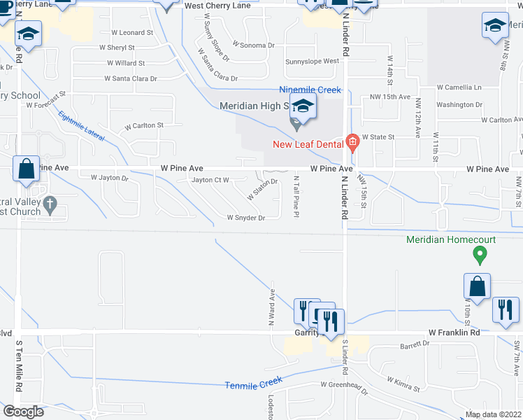 map of restaurants, bars, coffee shops, grocery stores, and more near 694 North Abernathy Way in Meridian