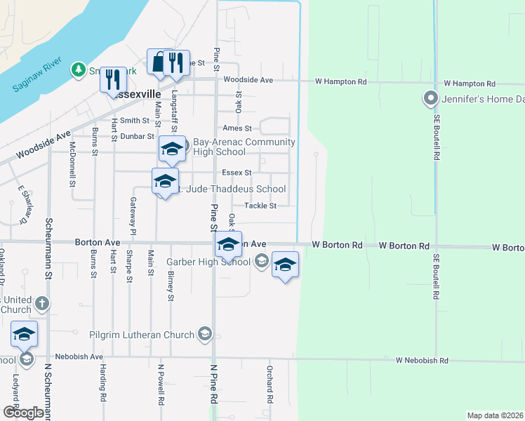 map of restaurants, bars, coffee shops, grocery stores, and more near 2104 Garside Drive in Essexville