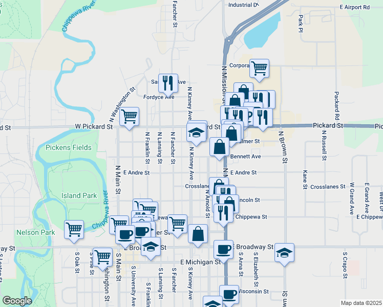 map of restaurants, bars, coffee shops, grocery stores, and more near 720 North Kinney Avenue in Mount Pleasant