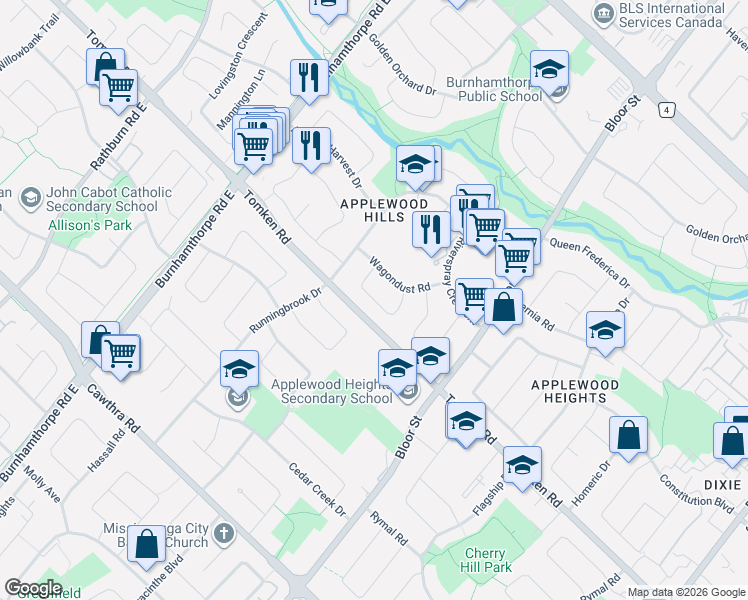 map of restaurants, bars, coffee shops, grocery stores, and more near 3496 Burningoak Crescent in Mississauga