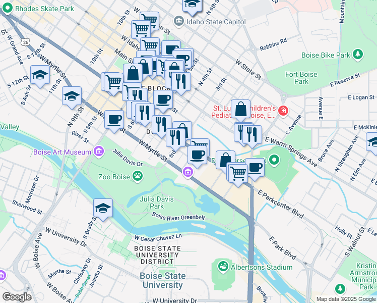 map of restaurants, bars, coffee shops, grocery stores, and more near 200 West Broad Street in Boise