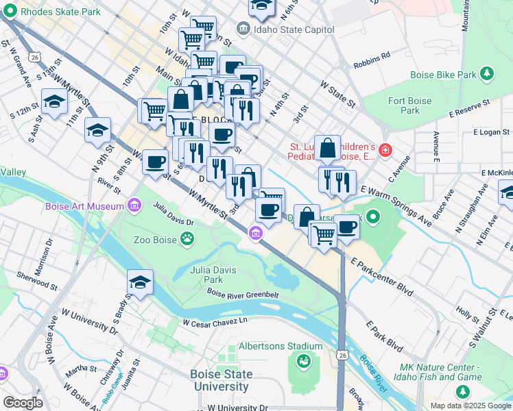map of restaurants, bars, coffee shops, grocery stores, and more near 200 West Broad Street in Boise