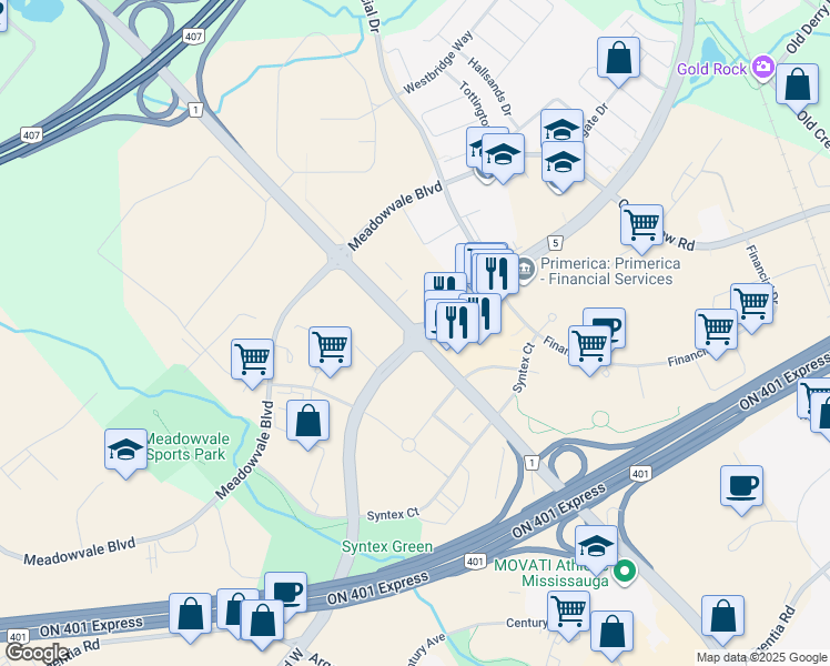 map of restaurants, bars, coffee shops, grocery stores, and more near 2137 Derry Road West in Mississauga