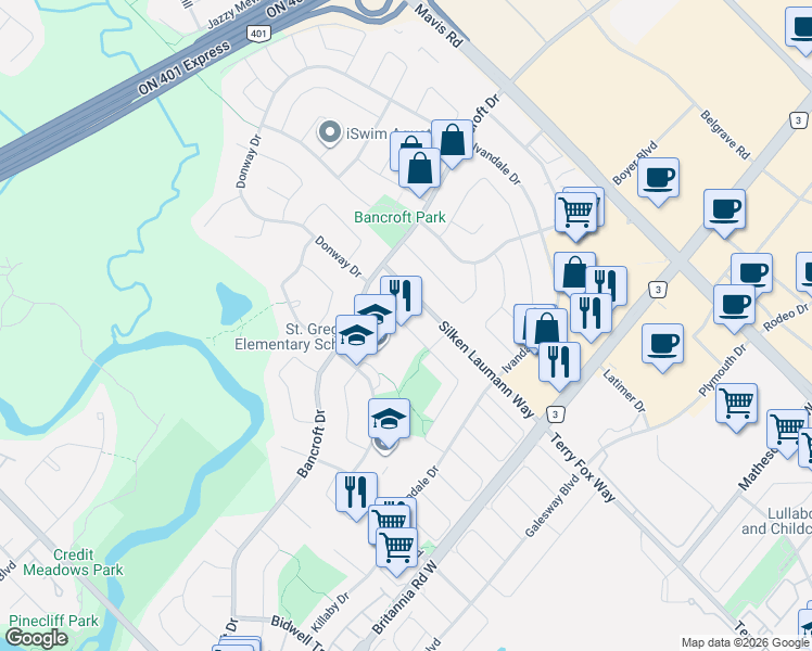 map of restaurants, bars, coffee shops, grocery stores, and more near 6197 Duford Drive in Mississauga