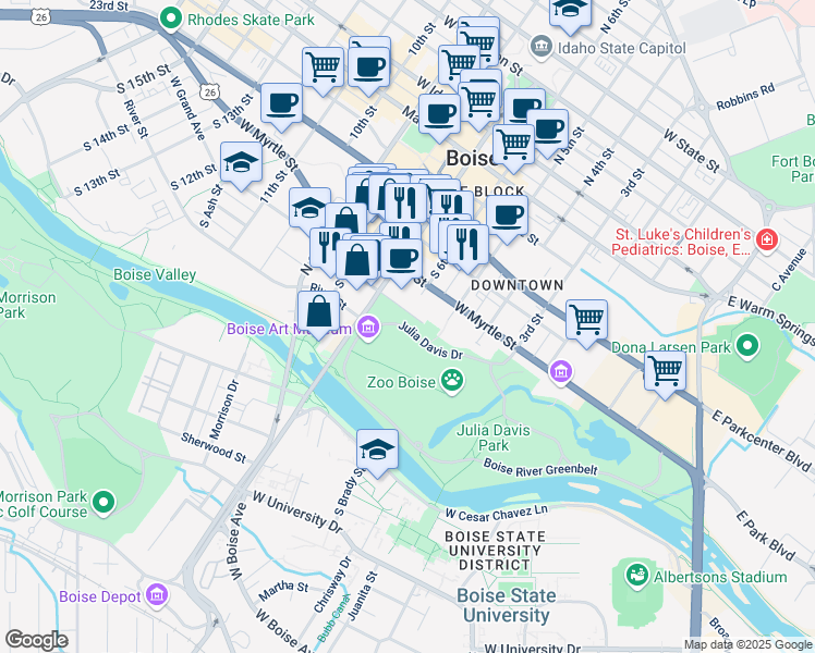 map of restaurants, bars, coffee shops, grocery stores, and more near 602 Julia Davis Drive in Boise