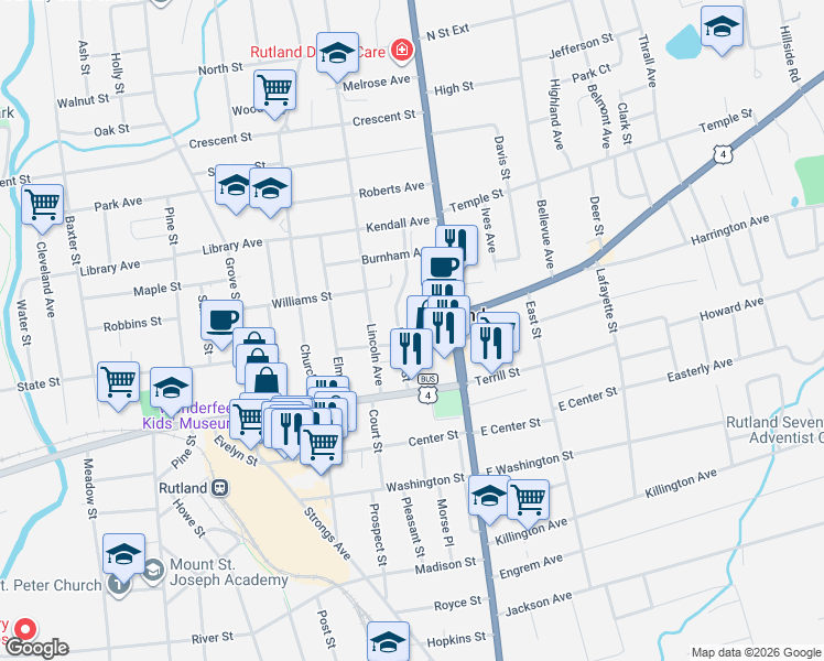 map of restaurants, bars, coffee shops, grocery stores, and more near 18 Lincoln Avenue in Rutland