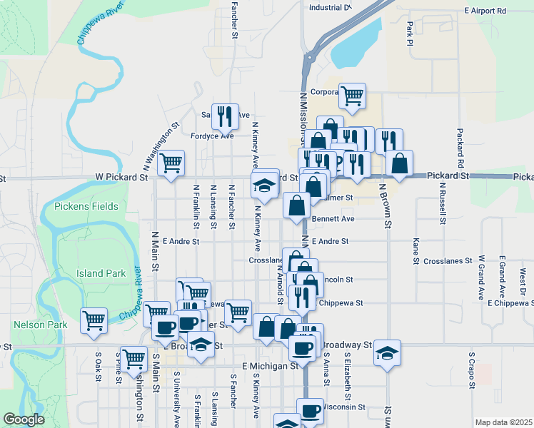 map of restaurants, bars, coffee shops, grocery stores, and more near 720 North Kinney Avenue in Mount Pleasant