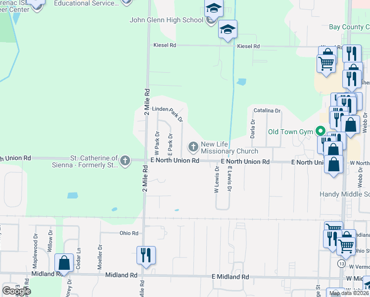 map of restaurants, bars, coffee shops, grocery stores, and more near 3128 East North Union Road in Bay City