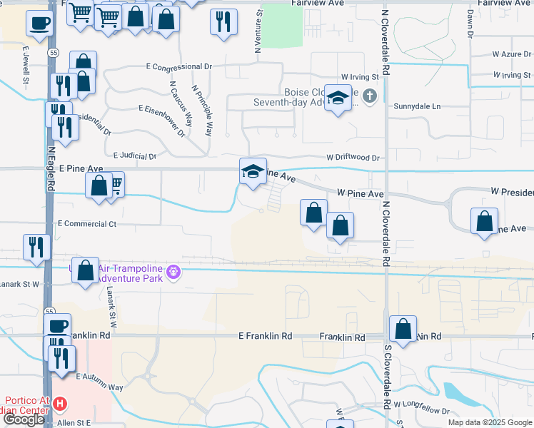 map of restaurants, bars, coffee shops, grocery stores, and more near 4141 East Pine Avenue in Meridian