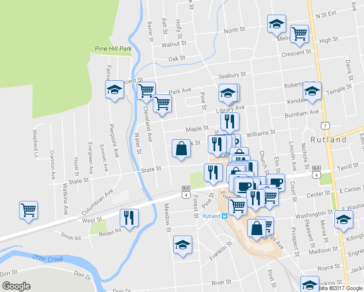 map of restaurants, bars, coffee shops, grocery stores, and more near 14 Noyes Avenue in Rutland