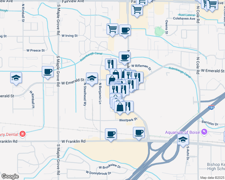 map of restaurants, bars, coffee shops, grocery stores, and more near 633 North Milwaukee Street in Boise