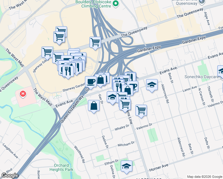 map of restaurants, bars, coffee shops, grocery stores, and more near 619 Evans Avenue in Toronto
