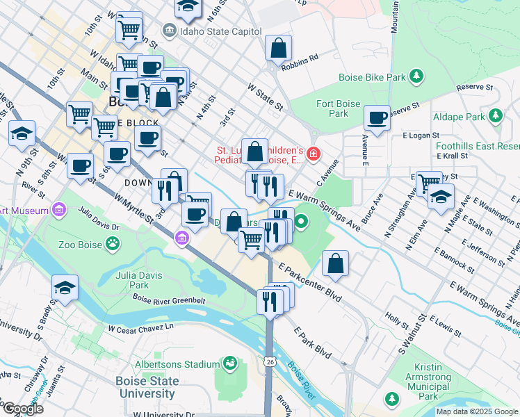 map of restaurants, bars, coffee shops, grocery stores, and more near 252 East Front Street in Boise