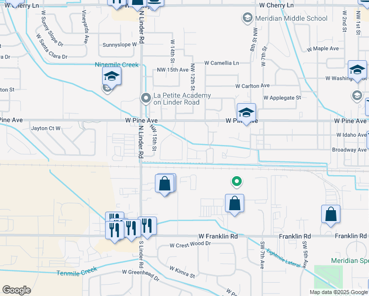 map of restaurants, bars, coffee shops, grocery stores, and more near 1297 West Pine Avenue in Meridian