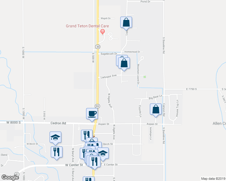 map of restaurants, bars, coffee shops, grocery stores, and more near 381 North Agate Avenue in Victor