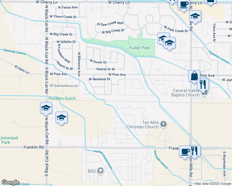 map of restaurants, bars, coffee shops, grocery stores, and more near 605 North Scotney Avenue in Meridian