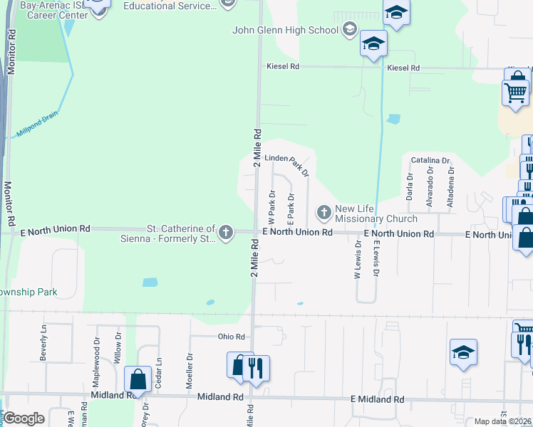 map of restaurants, bars, coffee shops, grocery stores, and more near 4443 West Park Drive in Bay City