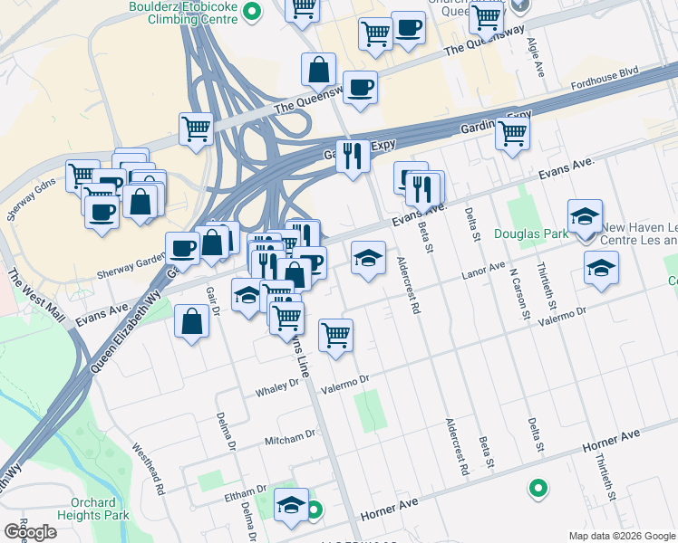 map of restaurants, bars, coffee shops, grocery stores, and more near 37 Silvercrest Avenue in Toronto