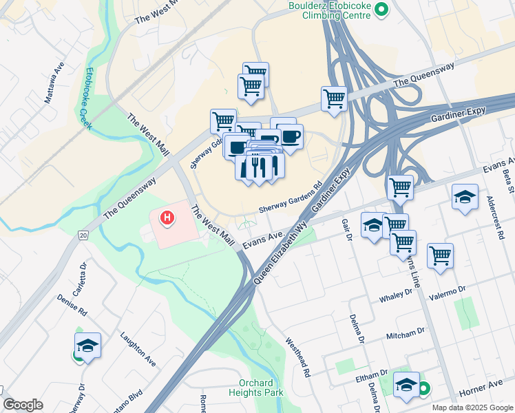 map of restaurants, bars, coffee shops, grocery stores, and more near 25 Sherway Gardens Road in Toronto