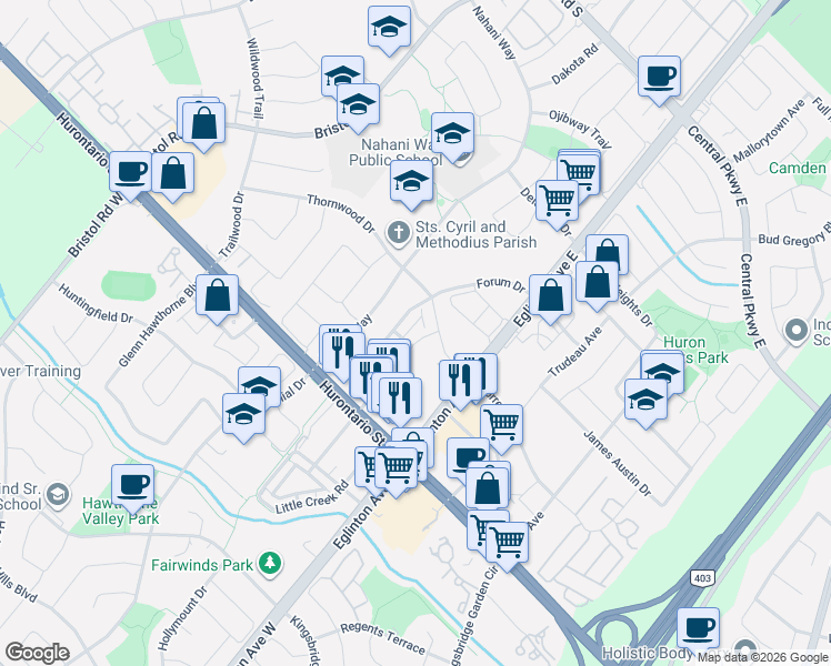 map of restaurants, bars, coffee shops, grocery stores, and more near in Mississauga