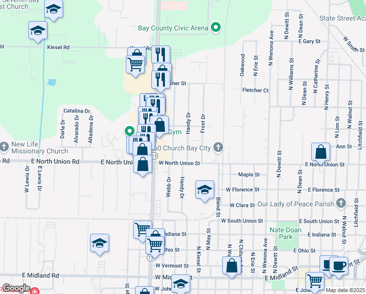 map of restaurants, bars, coffee shops, grocery stores, and more near 612 Webb Drive in Bay City