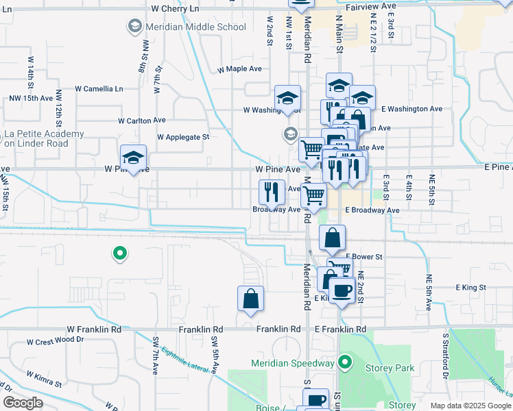 map of restaurants, bars, coffee shops, grocery stores, and more near 241 West Idaho Avenue in Meridian