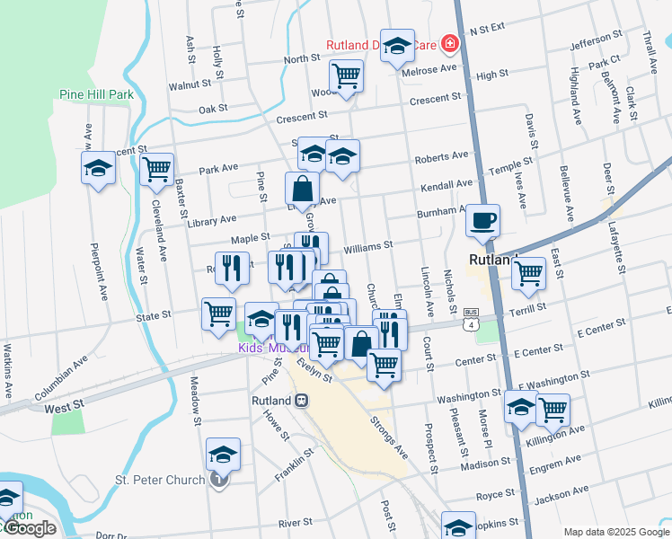 map of restaurants, bars, coffee shops, grocery stores, and more near 66 Williams Street in Rutland