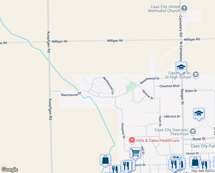 map of restaurants, bars, coffee shops, grocery stores, and more near 4874 Misty Hill Drive in Cass City