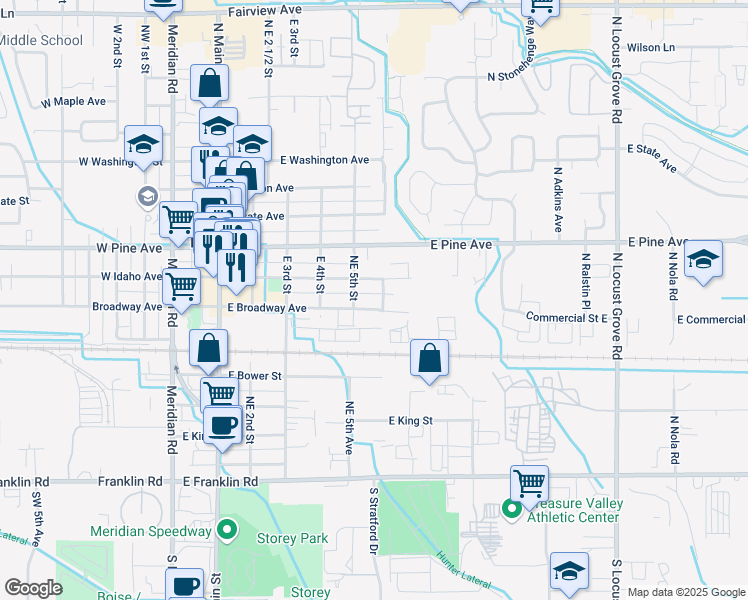 map of restaurants, bars, coffee shops, grocery stores, and more near 521 East Idaho Avenue in Meridian