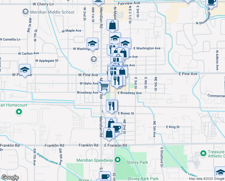 map of restaurants, bars, coffee shops, grocery stores, and more near 58 East Idaho Avenue in Meridian