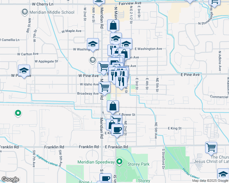 map of restaurants, bars, coffee shops, grocery stores, and more near 703 North Main Street in Meridian