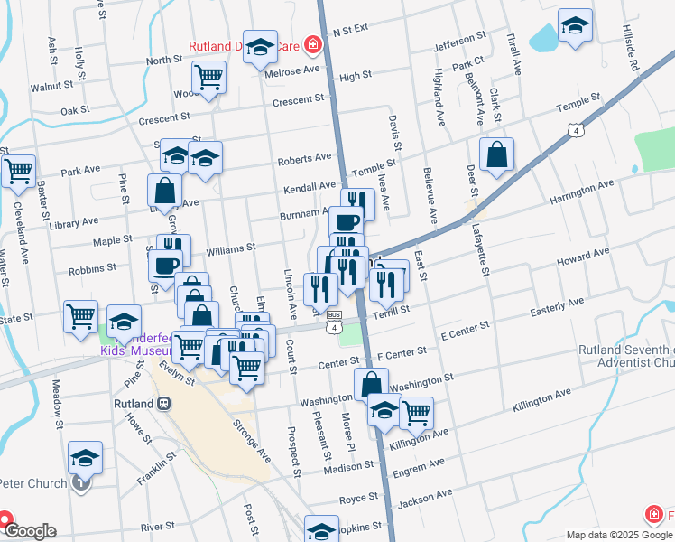 map of restaurants, bars, coffee shops, grocery stores, and more near 37 North Main Street in Rutland