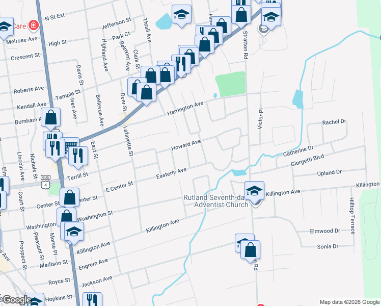 map of restaurants, bars, coffee shops, grocery stores, and more near 29 Howard Avenue in Rutland
