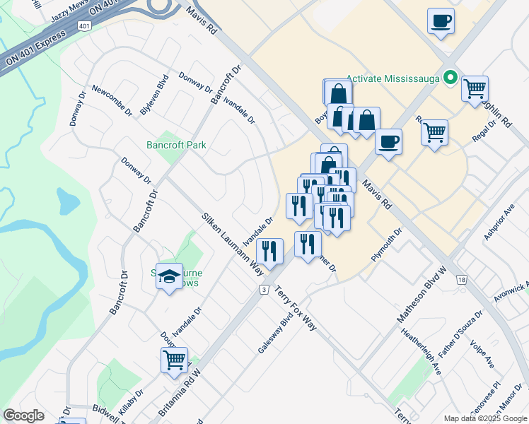 map of restaurants, bars, coffee shops, grocery stores, and more near 6136 Ford Road in Mississauga