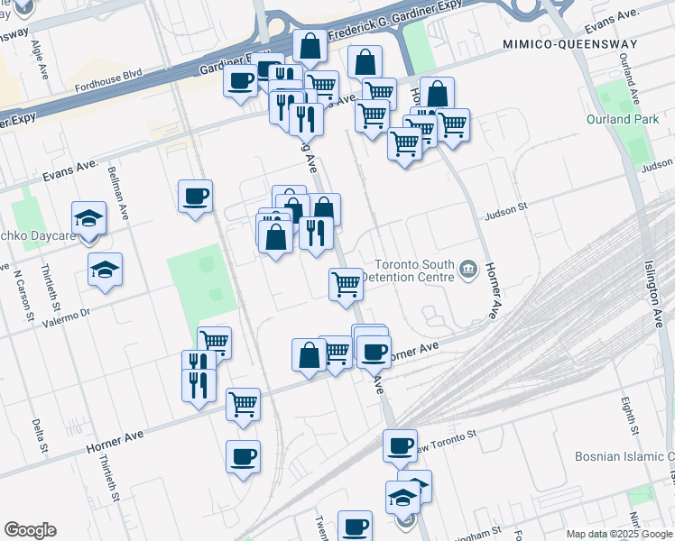 map of restaurants, bars, coffee shops, grocery stores, and more near 500 Kipling Avenue in Toronto
