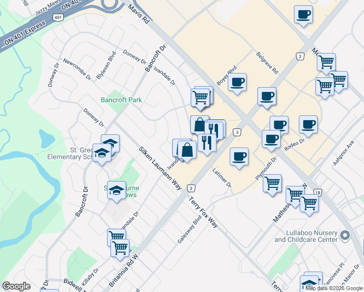 map of restaurants, bars, coffee shops, grocery stores, and more near 6136 Ford Road in Mississauga