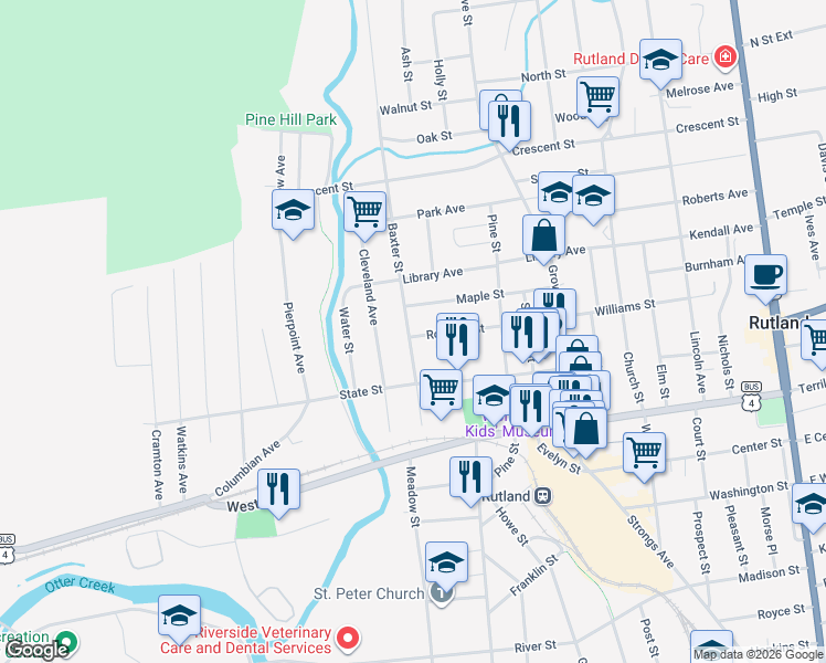 map of restaurants, bars, coffee shops, grocery stores, and more near 146 Maple Street in Rutland