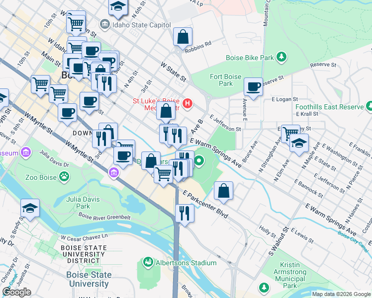 map of restaurants, bars, coffee shops, grocery stores, and more near 310 Redwood Court in Boise