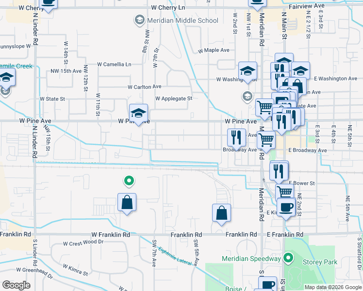 map of restaurants, bars, coffee shops, grocery stores, and more near 523 West Idaho Avenue in Meridian