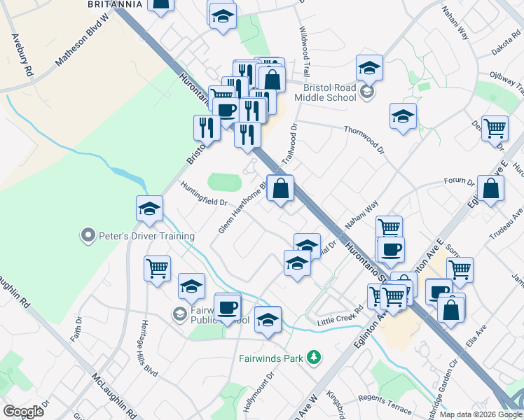 map of restaurants, bars, coffee shops, grocery stores, and more near 80 Strathaven Drive in Mississauga