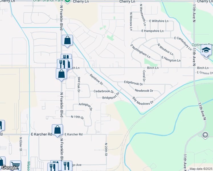 map of restaurants, bars, coffee shops, grocery stores, and more near 16360 Rainbow Drive in Nampa