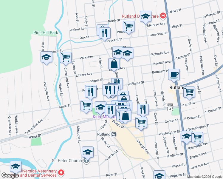 map of restaurants, bars, coffee shops, grocery stores, and more near 51 Summer Street in Rutland