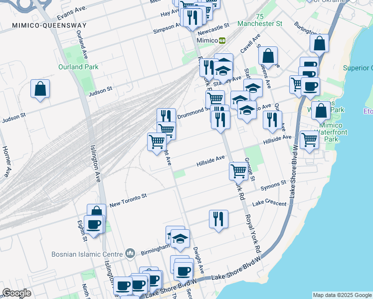 map of restaurants, bars, coffee shops, grocery stores, and more near 70 Macdonald Street in Toronto