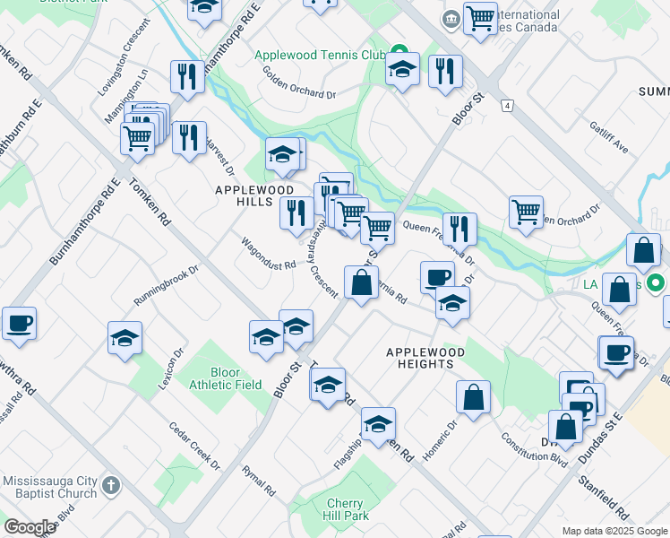 map of restaurants, bars, coffee shops, grocery stores, and more near in Mississauga