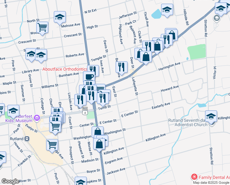 map of restaurants, bars, coffee shops, grocery stores, and more near 28 East Street in Rutland