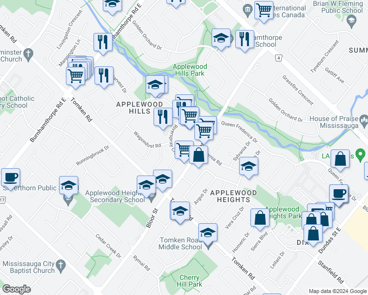 map of restaurants, bars, coffee shops, grocery stores, and more near 1055 Bloor Street in Mississauga